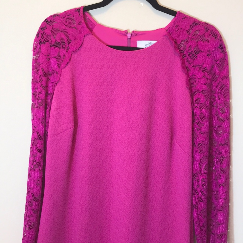 Badgley Mischka Fuchsia Lace-Sleeve Dress – Size 14
